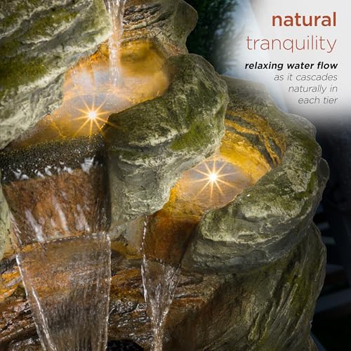 WIN1092 Outdoor Multitiered Rock Waterfall Floor Fountain with Warm White LED Lights