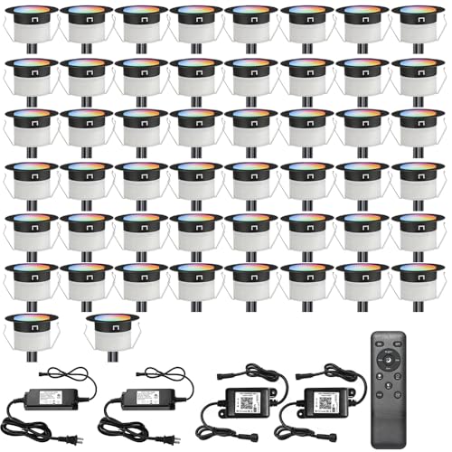 LED Deck Lights Kit Black Shell 50 pcs 1.22 Inch WiFi Smart Phone Control Low Voltage Recessed RGBW Deck Lamp Landscape In