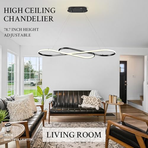 Modern LED Chandelier Black Dimmable LED Pendant Light for Dining Room Light Fixture Over Table Modern Kitchen Island Lighting High Ceiling with Remote for Living Room