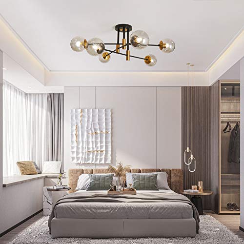6 Lights Glass Globe Sputnik Chandelier Modern Flush Mount Ceiling Light Fixture Farmhouse Lighting for Dining Room Living Room Bedroom Kitchen Passageway