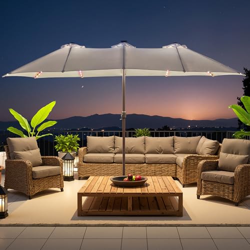 15 ft Large Patio Umbrella with Color Changing Lights
