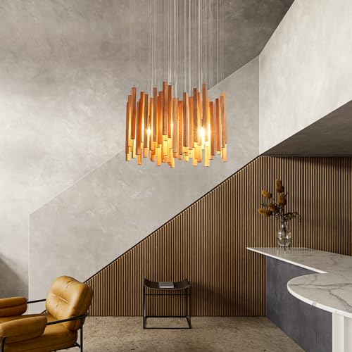 8 Light Farmhouse Wood High Ceiling Chandelier Rustic Large Ceiling Light Fixture Hanging Pendat Light for Dining Room Living Room Foyer Staircases Kitchen Island