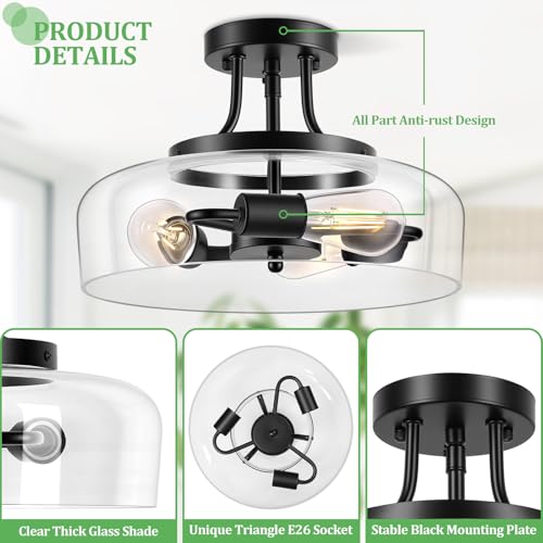 Modern Industrial Semi Flush Mount Ceiling Light with Clear Glass Shade
