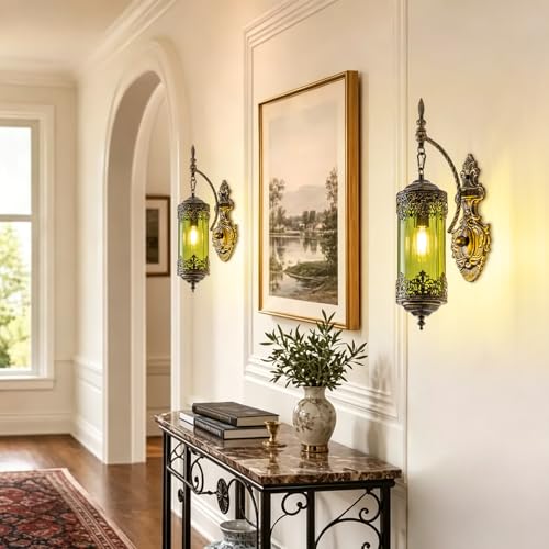 Antique Gothic Green Glass Wall Sconce for Bedroom