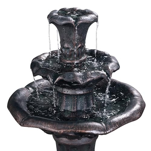 Lily Flower Floor Pedestal 3 Tiered Floor Waterfall Fountain with Pump for Outdoor Patio Garden Backyard Decking