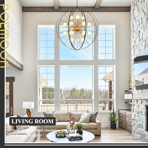 43.2" 18 Light Black Gold Sputnik Chandelier with Milk Glass Shade