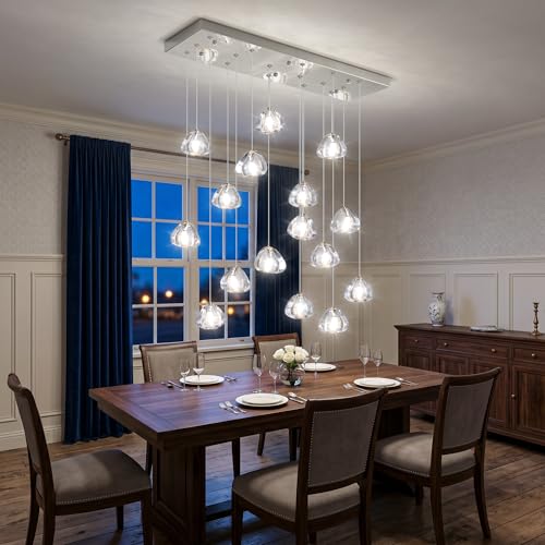 Crystal Rectangular LED Chandelier for Living Dining Room Light Dimmable High Ceiling Pendant Lights Fixtures Lighting Chandeliers for Foyer Entryway Lighting Polished Chrome