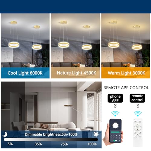 D7.8'' Modern Ring Chandelier for Dining Room LED Dimmable Pendant Lighting High Ceiling Chandelier for Living Room Foyer Bedroom Entryway 3000K