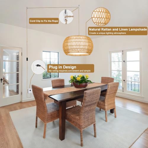 Large Plug in Pendant Light Boho Hanging Lights with Plug in Cord (yellow-Drum shape / 16.8)
