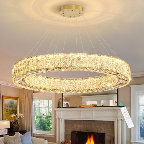 Modern Chandelier Glam Dimmable LED Crystal Chandeliers Luxury Remote Ceiling Pendants Lighting Fixtures for Dining Room Bedroom Living Room Gold