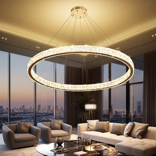 Modern Large Gold Ring Chandelier Dimmable LED 47.5in Adjustable Gold Crystal Ring Pendant Light Fixtures for Dining Room Living Room