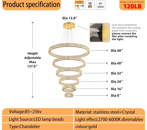 Extra Large Ring Chandelier Modern LED Gold 6 Ring Chandelier for High Ceiling Long Stair Crystal Chandeliers D8+15.7"+23.6"+31.5"+39.4"+47.5"
