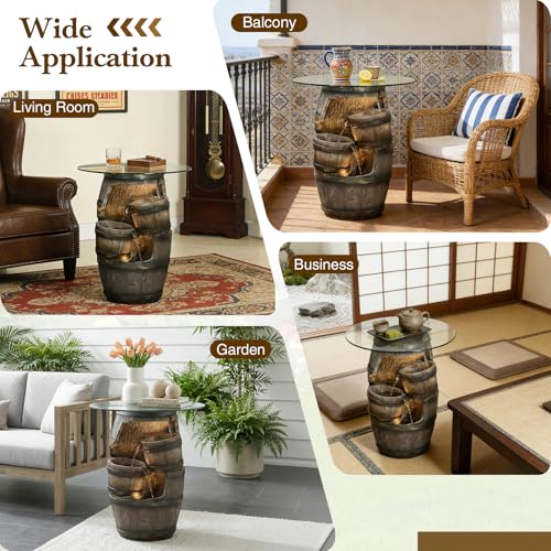Rustic Barrel Outdoor Water Fountain with Glass Tabletop