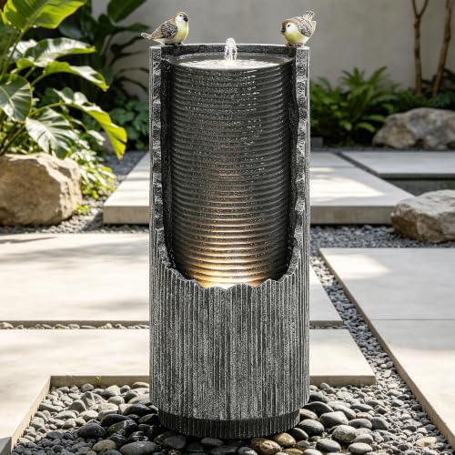 32" Faux Stone Outdoor Water Fountain with LED Lights