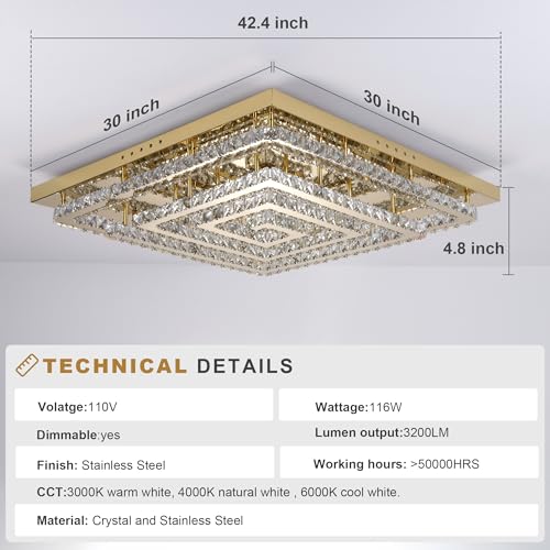 43 inch Gold Crystal Chandeliers LED Ceiling Light