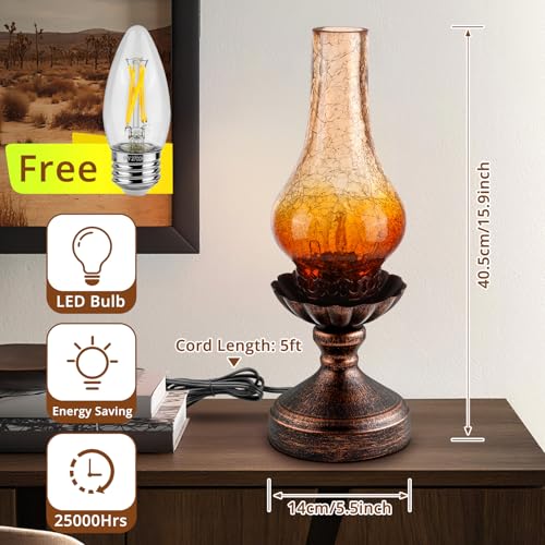 Vintage Table Lamp with Red Amber Gradient Crackle Glass Shade
