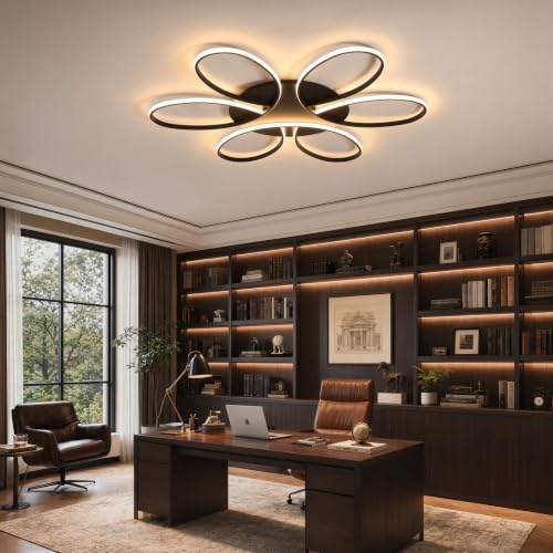 Modern LED Ceiling Light Fixture Black Flush Mount Ceiling Lamp with Remote Control Dimmable Rings Flower Shaped Ideal for Small and Medium Living Room Big Bedroom Kitchen