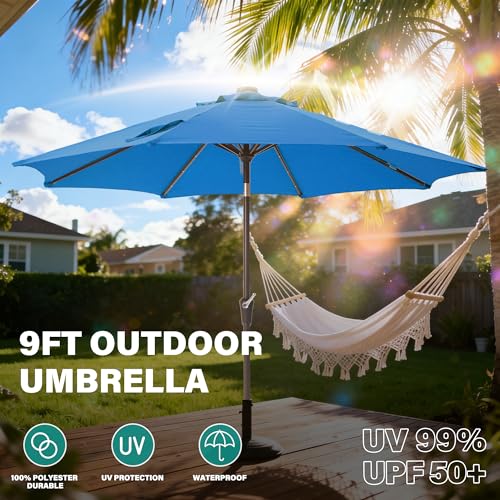 9' Patio Umbrella Outdoor Umbrella with lights Patio for Table Blue