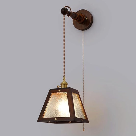 Chic Plum Blossom Glass Wall Sconce Lighting Wabi Sabi Wood Wall Light Fixture with Brass Rotary Switch and Pull Switch, Height Adjustable Japanese Style Embossed Glass Wall Lamp (Walnut)