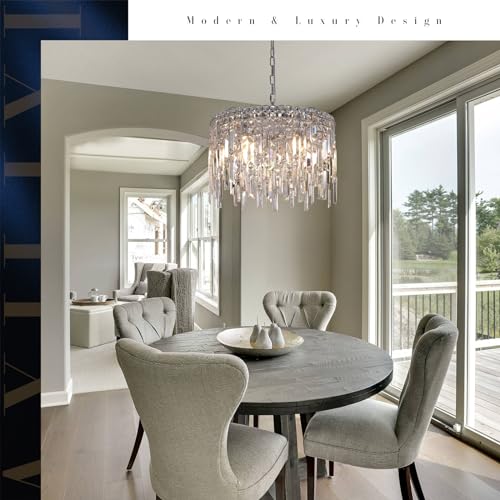 Round Crystal Chandelier Modern 20" Drum Chandelier with Chain Chrome Adjustable K9 Raindrop Crystal Ceiling Pendant Fixtures 2 Tiers for Dining Room Bedroom Living Room