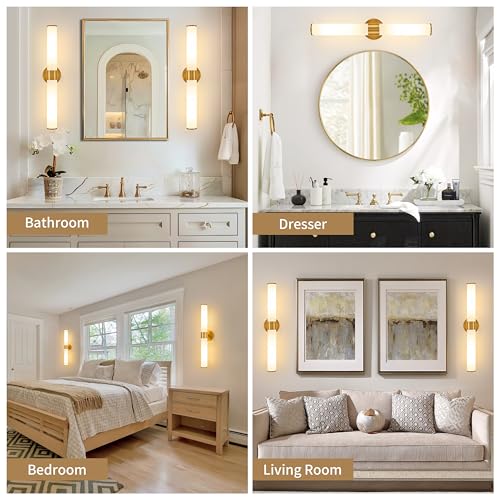 Gold Battery Operated Wall Sconces Set of 2 with White Glass Lamp Shade