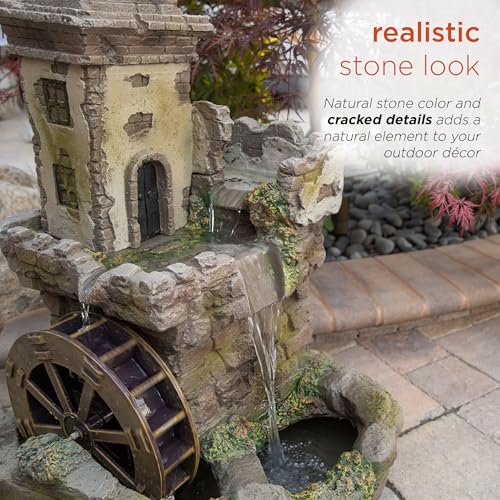 USA1164 Outdoor Floor Tiered Fairy Castle Waterwheel Water Fountain with Realistic Stone Look