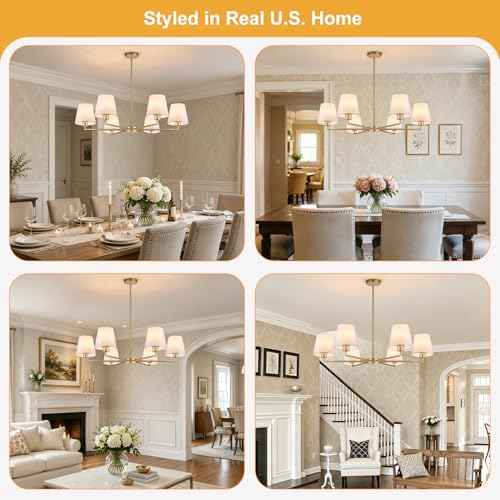 Brass Gold Chandeliers for Dining Room, 36" 6 Light No Assembly Required Antique Modern Gold Chandelier Light Fixture with White Fabric Shade, Classic Kitchen Pendant Lights over Table for Bedroom