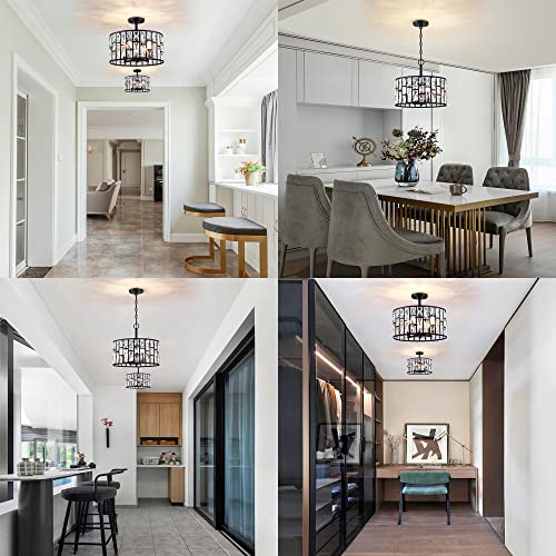 Farmhouse Crystal Convertible Chandelier and Semi Flush Mount Lighting Black Cylinder Drum Shade Pendant for Kitchen Island Dining Room Bedroom Hallway