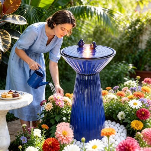 Autodaya 28" Ceramic Outdoor Water Fountain LED Birdbath