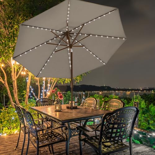 USA 10-Year-Non-Fading 9ft Market Patio Umbrella, Commercial Grade Table Sun Umbrella with 80 Solar LED Lights, Crank Open, Windproof & UPF 50+ UV Protection for Garden, Deck, Pool, Backyard, Mushroom