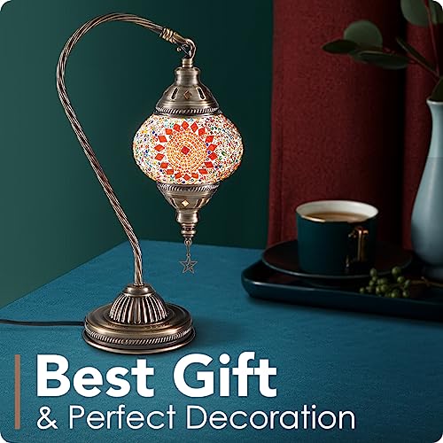 Turkish Moroccan Lamp with Bronze Base 3 Color Options Handmade Swan Neck Mosaic Glass Bedside Lamps for Bedroom