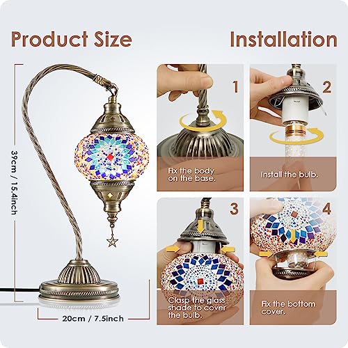 Turkish Moroccan Lamp with Bronze Base 3 Color Options Handmade Swan Neck Mosaic Glass Bedside Lamps for Bedroom