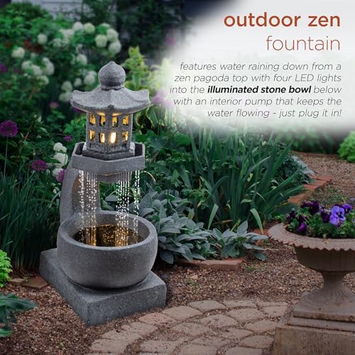 DIG370 31" Outdoor Zen Pagoda Water Fountain with LED Lights & Illuminated Stone Bowl