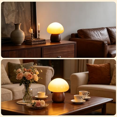 Wooden Base Small Table Lamp for Bedroom 60W Mushroom Table Lamps Gradient Colored Glass Shade Modern Side Table and Desk Lighting H 8.07 in