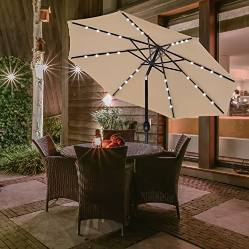 9' Solar Umbrella 32 LED Lighted Patio Umbrella Table Market Umbrella with Push Button Tilt