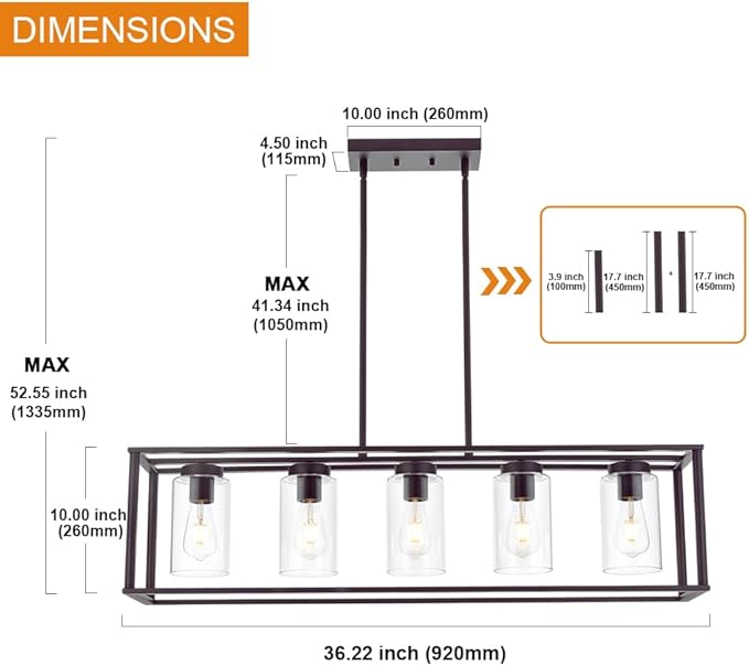 VINLUZ 5-Light Kitchen Island Chandeliers Oil Rubbed Bronze Modern Linear Cage Pendant Lighting with Clear Glass Shades Farmhouse Ceiling Light Fixtures Hanging for Dining Room Living Room - Aura Lighting