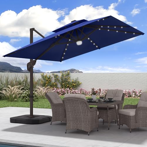 9x9 FT Cantilever Offset Patio Umbrella with Lights & Base