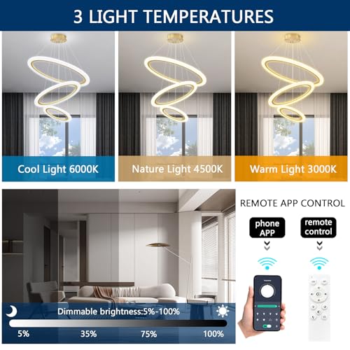 Modern LED Chandelier 3 Ring Chandelier for Dining Room Living Room Pendant Lighting High Ceiling Hanging Light Fixture for Bedroom Foyer Gold