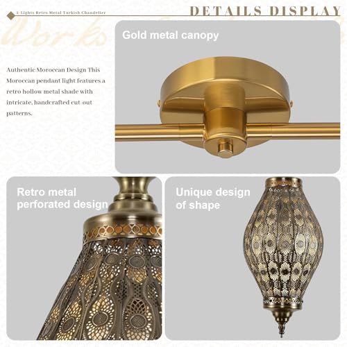 2 Light Linear Pendant Retro Metal Hanging Chandelier Brushed Brass