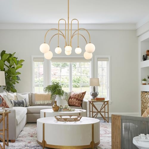 Gold Sputnik Chandelier with Milk Glass Globe 8 Lights L41 Inch