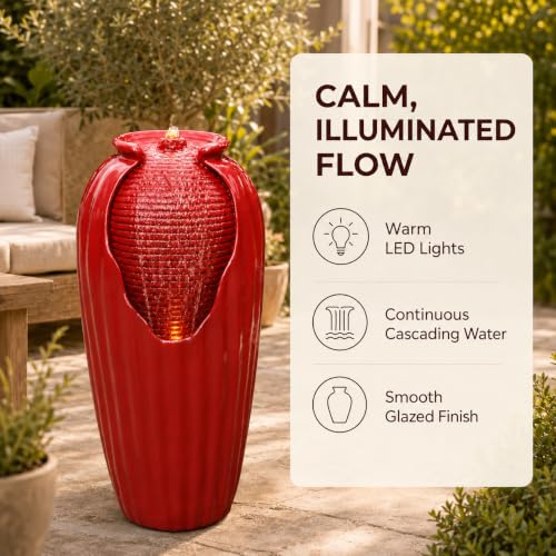 Glazed Vase Floor Freestanding Water Fountain with LED Lights and Pump for Outdoor Patio Backyard Deck Plant Garden Décor