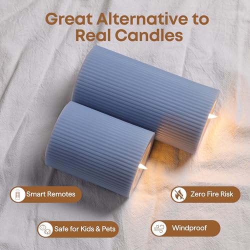 Dusty Blue Ribbed Moving Flame LED Pillar Candles with Remote (Dusty Blue)