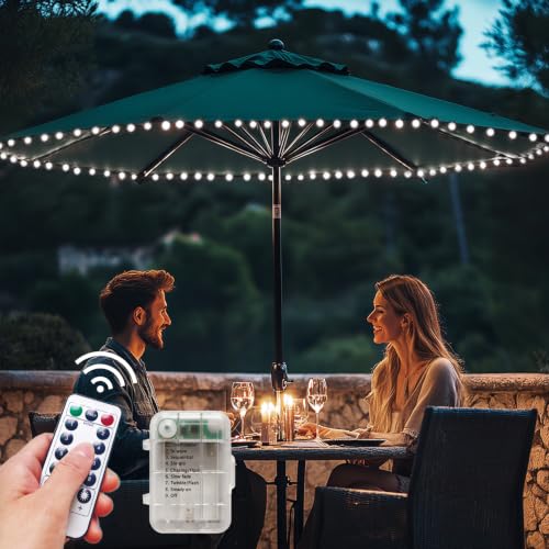 Patio Umbrella Lights Cordless LED Market Table Umbrella Lights with Remote Control Battery Operated Waterproof Parasol String Lights (45 Count)