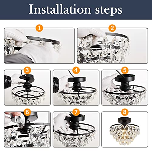 Modern Small Crystal Ceiling Light Fixture Mini Black Semi Flush Mount Chandelier Light Fixture for Hallway Bedroom Bathroom Closet e26