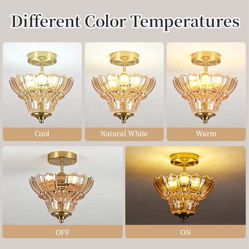 Vintage Gold Semi Flush Mount Light with Floral Amber Shade (Gold and Amber)
