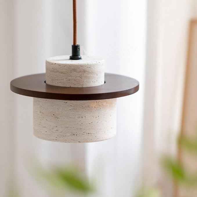 Travertine Pendant Light, Stone Cylinder Hanging Lamp with Wood Disc Accent, E26 Base, Wabi-Sabi Modern Minimalist Japandi Style Lighting for Bedside, Kitchen Island, Bar Counter(Wood Color)