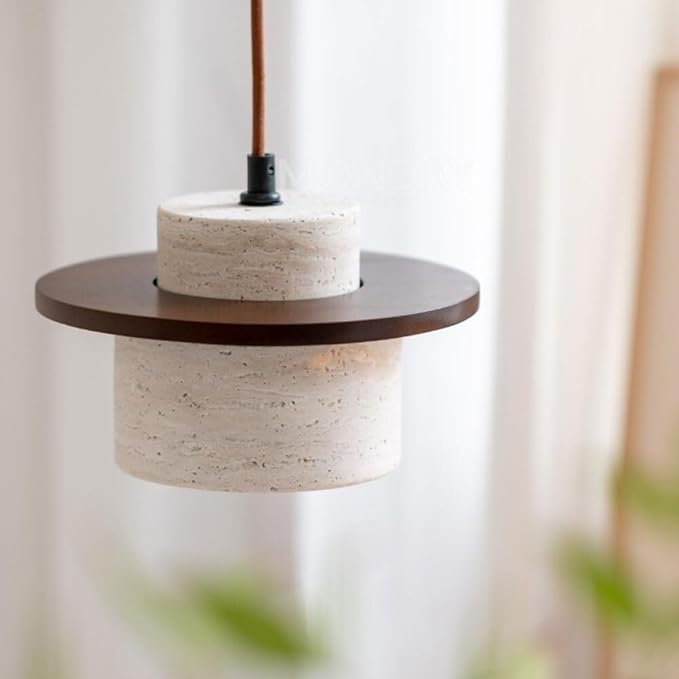 Travertine Pendant Light, Stone Cylinder Hanging Lamp with Wood Disc Accent, E26 Base, Wabi-Sabi Modern Minimalist Japandi Style Lighting for Bedside, Kitchen Island, Bar Counter(Walnut Color)