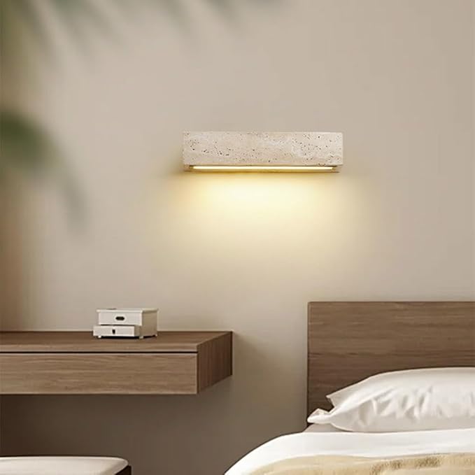 Outdoor/Indoor Natural Stone Wall Sconces, Exterior IP65 Waterproof Yellow Travertine Wall Lamp, Japanese Style Wabi-Sabi Art Decor Wall Lighting Fixtures for Entryway Hallway Bedroom