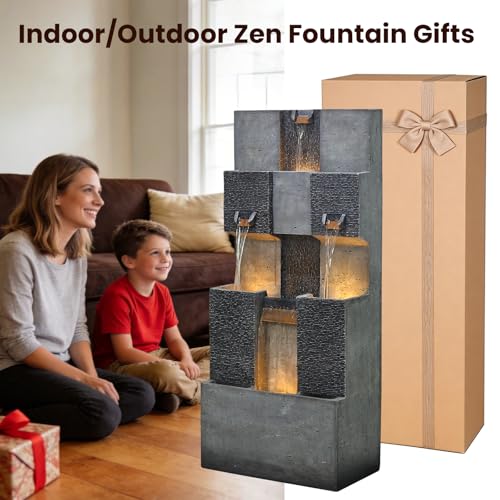 48" Modern Grid Outdoor Water Fountain with Led Light