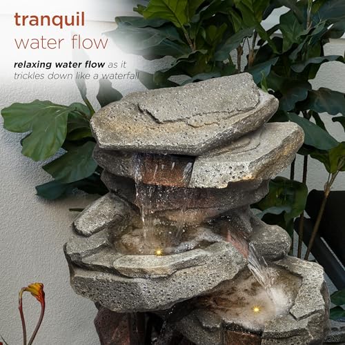40" Tall Outdoor Multitiered Rock Waterfall Floor Fountain with LED Lights